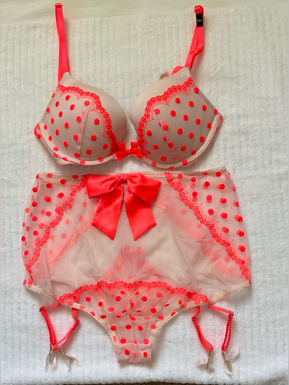 Victoria's Secret Neon Coral Pink Polka Dot Lingerie Set